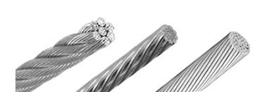 Close-up of three different metal wire ropes with varying strand patterns.