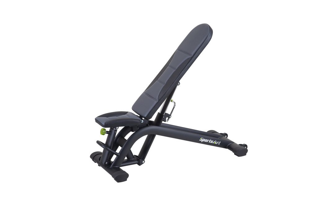Adjustable workout bench with padded seat and backrest for various exercises.