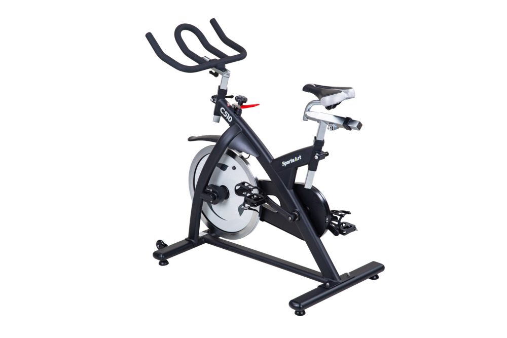 Black and silver indoor stationary exercise bike with adjustable seat and handlebars.