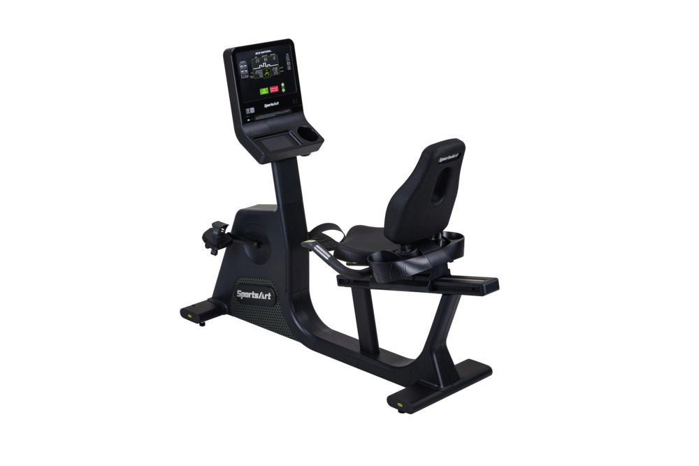Black SportsArt recumbent exercise bike with digital display and cup holders.
