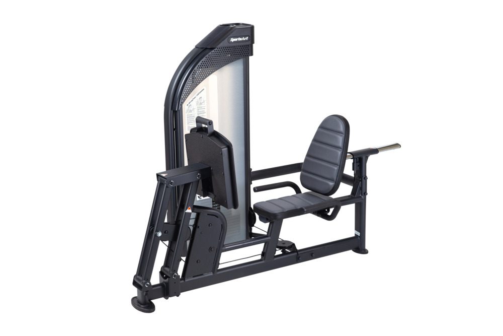A black and gray leg press gym machine with padded seating.