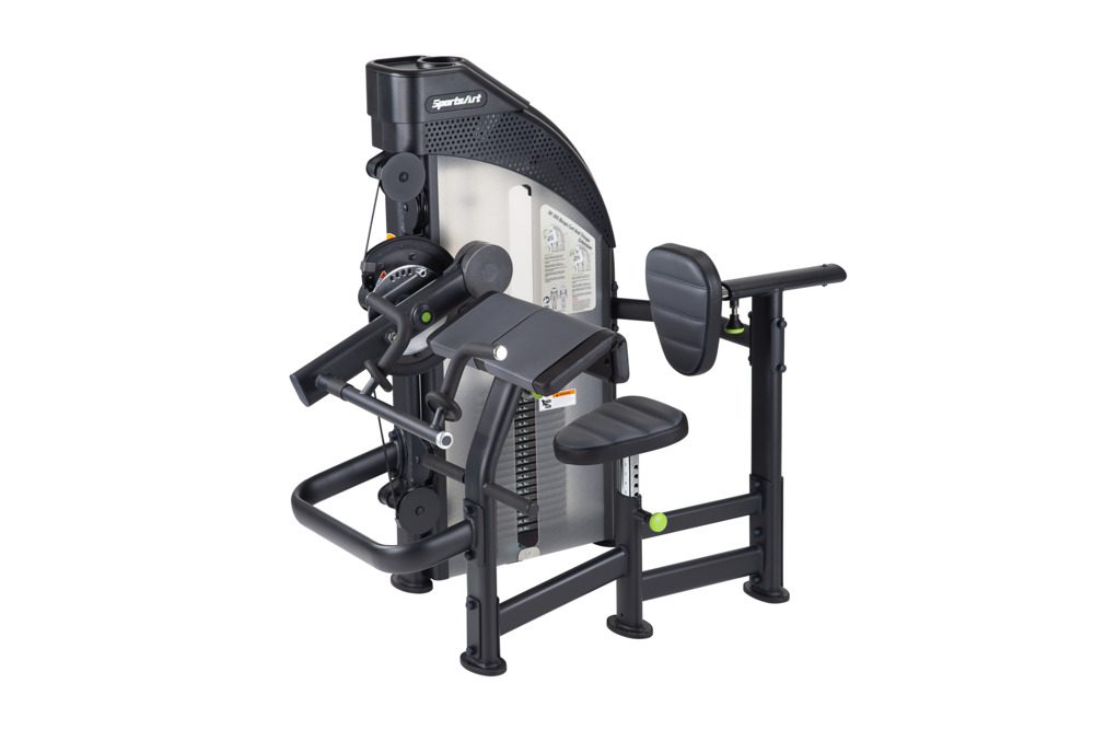 Black and gray SportsArt gym machine for seated arm exercises.