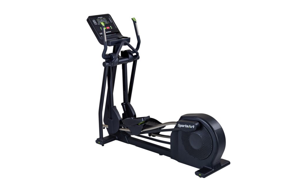 A black SportsArt elliptical trainer with digital display and foot pedals.