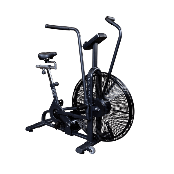 Black air resistance exercise bike with seat and handlebars.