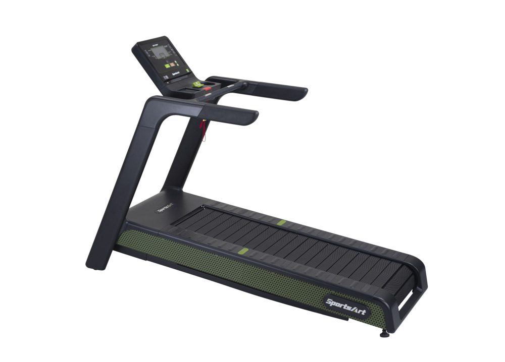 Modern SportsArt treadmill with digital display and safety key.