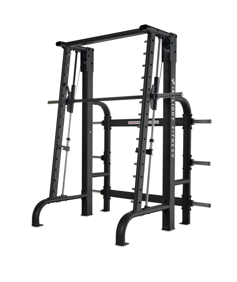Black metal Smith machine for weightlifting and strength training.