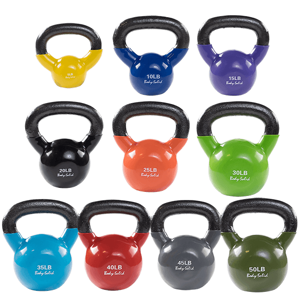 Colorful kettlebells arranged by weight from 5 to 50 pounds.