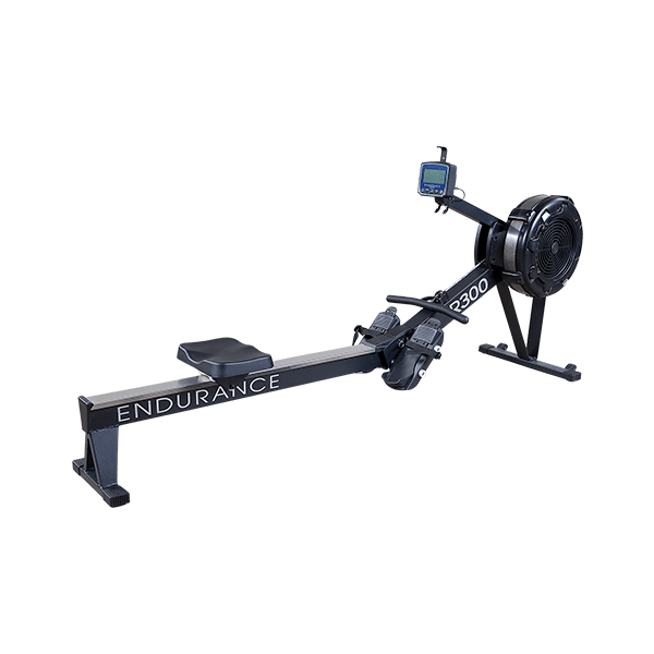 Black Endurance R300 rowing machine with digital monitor and seat.