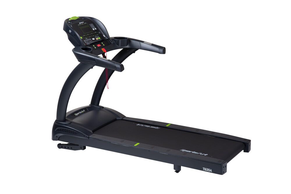 Black SportsArt treadmill with digital display and cup holders.