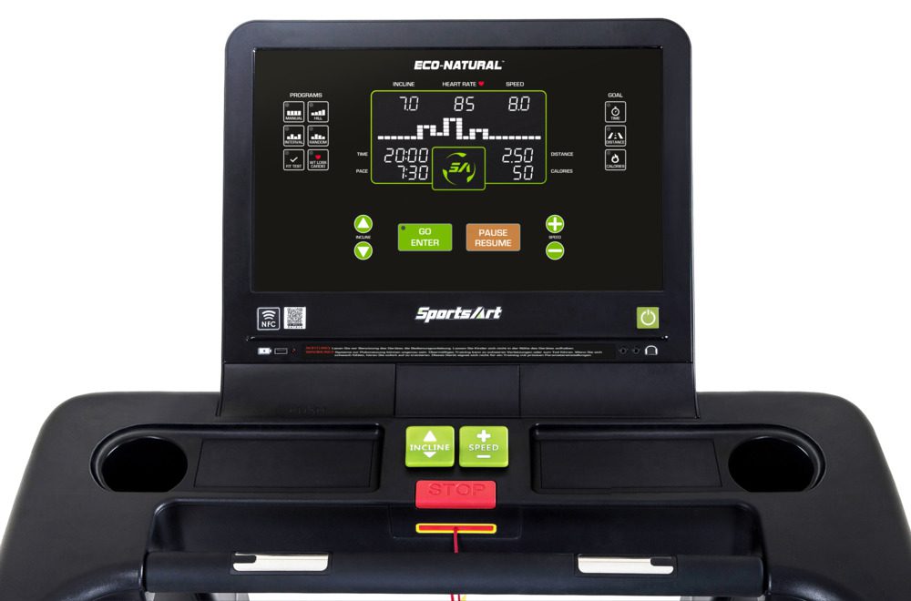 Close-up of a treadmill control panel with various buttons and display.